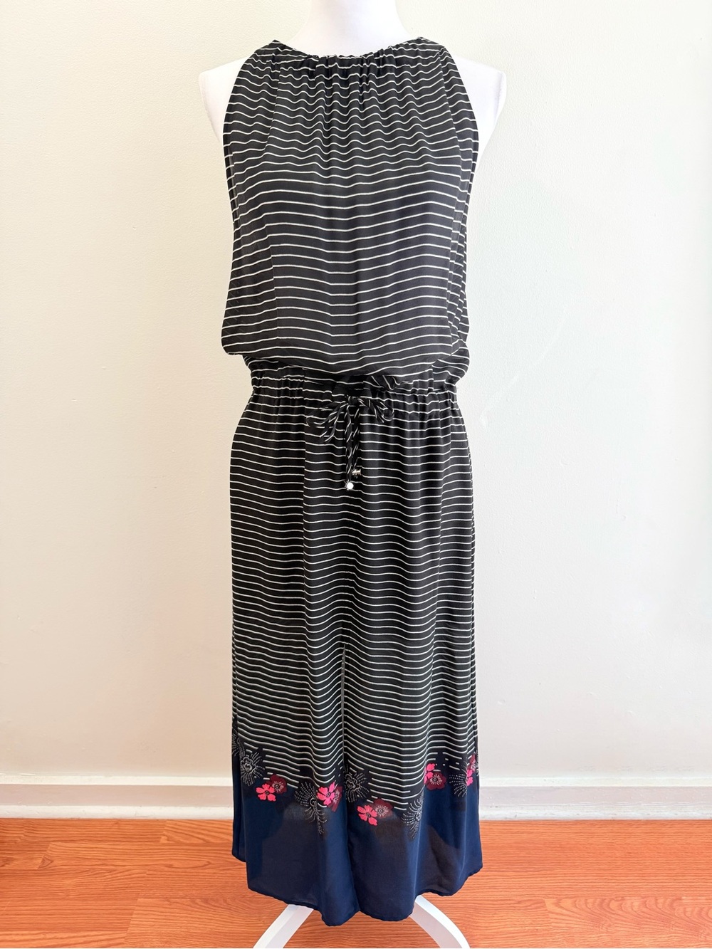A.L.C ALC silk black white stripe cinch tie waist halter floral trim maxi dress - Picture 3 of 15